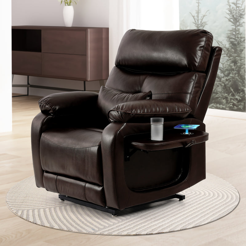 TEKAMON Lay Flat Large Lift Recliner Chair for Elderly with Heat and Massage, Left Side Tray Table With Cup Holder and Wireless Charging, Dual Motor Power Lift Chair for Living Room (Brown)