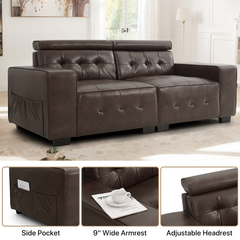 TEKAMON Modern Sofa, 83.8in Comfy PU Leather Couch with adjustable headrest, Soft Cushion and Firm Structure for Living Room(Brown)