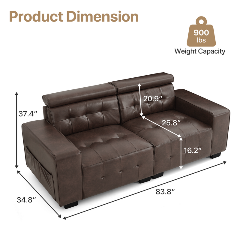 TEKAMON Modern Sofa, 83.8in Comfy PU Leather Couch with adjustable headrest, Soft Cushion and Firm Structure for Living Room(Brown)