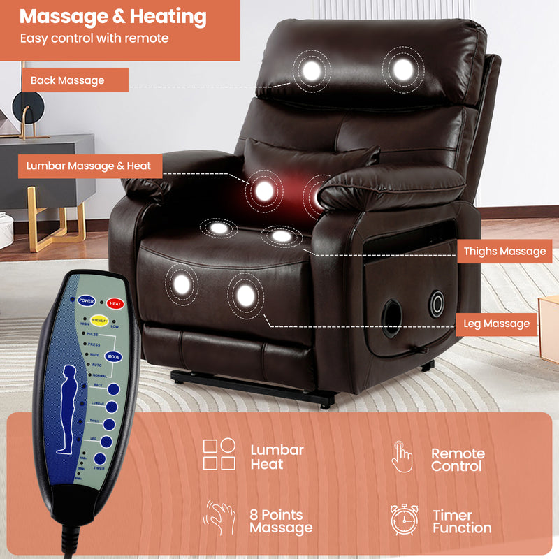 TEKAMON Lay Flat Large Lift Recliner Chair for Elderly with Heat and Massage, Left Side Tray Table With Cup Holder and Wireless Charging, Dual Motor Power Lift Chair for Living Room (Brown)