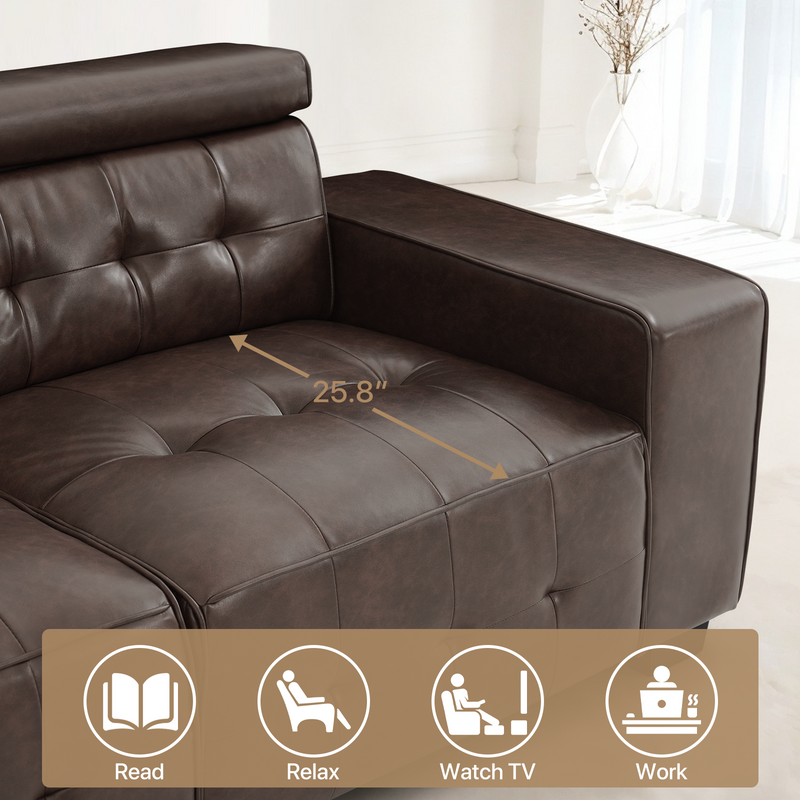 TEKAMON Modern Sofa, 83.8in Comfy PU Leather Couch with adjustable headrest, Soft Cushion and Firm Structure for Living Room(Brown)