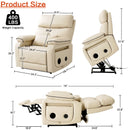 Beige recliner chair with dimensions and weight capacity label