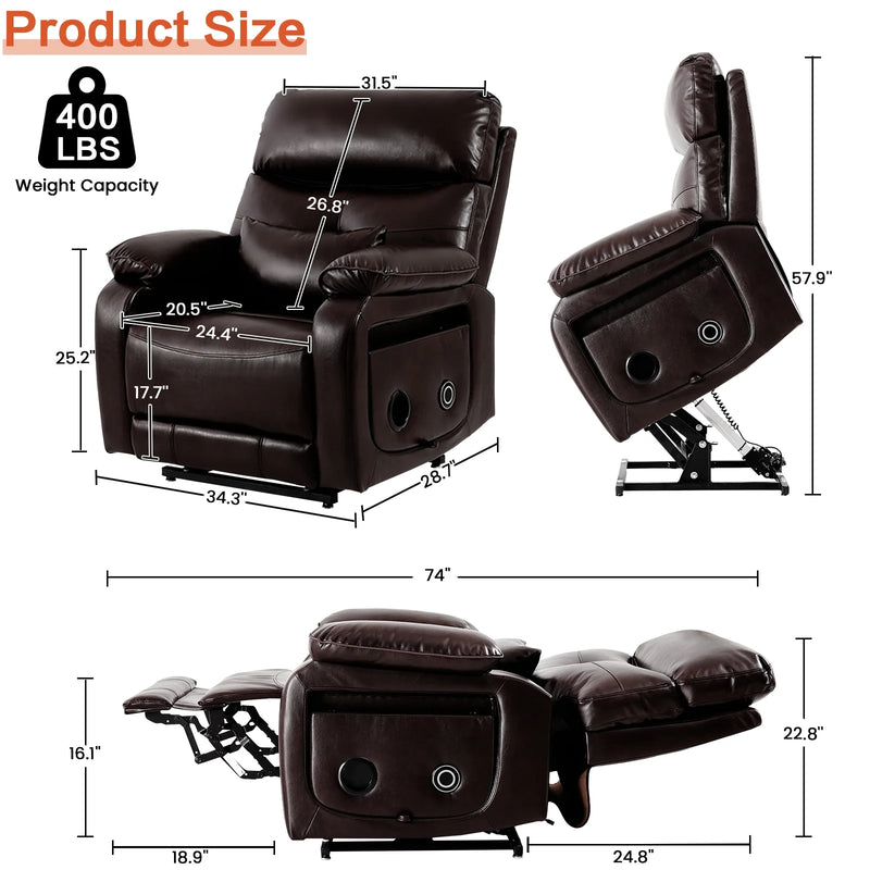 Brown recliner chair with measurements on a white background