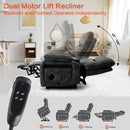 Gray recliner chair with remote control in a living room setting, highlighting dual motor lift feature.