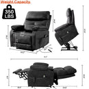 Grey recliner chair with weight capacity and dimensions displayed