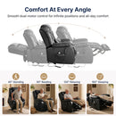 Feature infographic titled "Comfort At Every Angle" for black leather dual motor power lift recliner, illustrates infinite adjustable recline range with overlay chair silhouettes; 4 functional modes below: 45° Standing assist, 90° Reading, 120° TV Relaxing, 180° Flat Sleeping, real lifestyle photos of senior man using each position