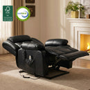 Home lifestyle shot of black leather dual motor power lift recliner fully laid flat in zero-gravity sleeping position, dual side pockets holding lift and massage wired remotes, cozy living room with lit fireplace, palm plant and beige sheer curtains, FSC sustainable wood & CertiPUR-US safe foam certification logos on upper left