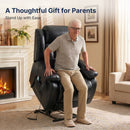 Lifestyle promotional photo: senior elderly man easily standing up from black faux leather electric power lift recliner chair with massage remote side pocket, warm living room with lit fireplace, wall art and sheer beige curtains, overlay text "A Thoughtful Gift for Parents, Stand Up with Ease", mobility assistance armchair for aging parents