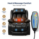 White background feature infographic for black faux leather power lift recliner chair, headline "Heat & Massage Comfort", labeled 8 massage target zones across shoulder, lumbar, hip and calf with lumbar heating mark, full wired massage hand remote on right, left side feature icons: 4 Massage Zones, 5 Massage Modes, Adjustable Intensity, Lumbar Heat