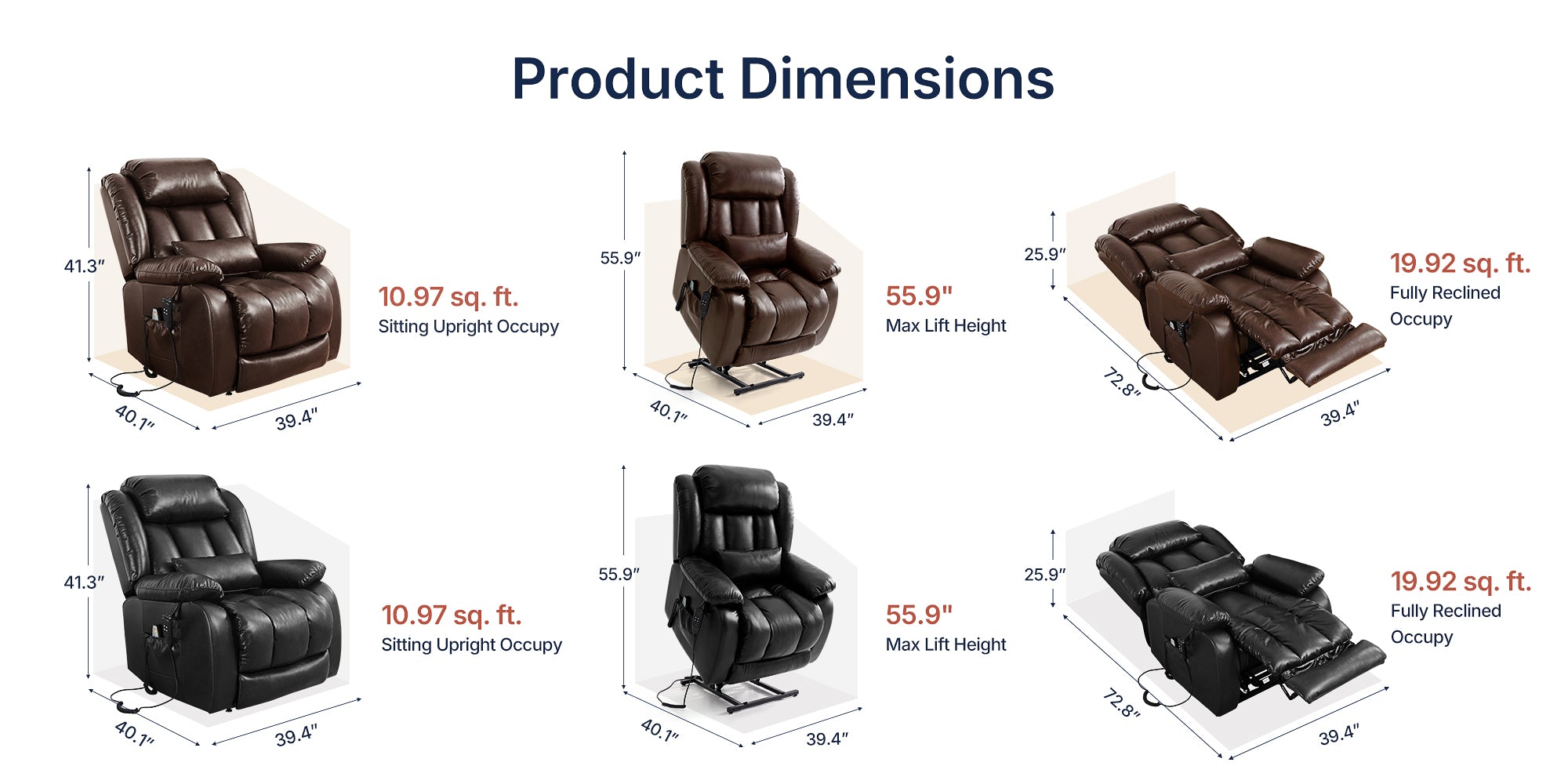 Dimension infographic of 3-motor power lift recliner chair in brown and black leather, showing 3 working states: upright sitting, max lift assist height, fully flat reclined mode, with exact inch measurements and occupied square footage labeled for each position.