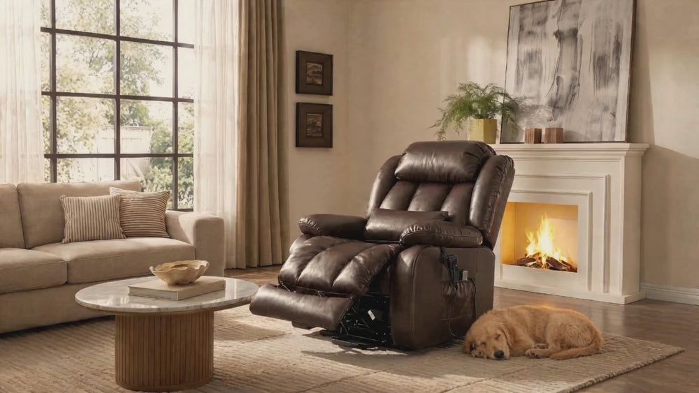 Lifestyle video of brown leather 3-motor power lift recliner fully laid flat in warm cozy living room, golden retriever dog resting beside the chair, fireplace, large grid window and beige fabric sofa in background, showcases lay-flat sleeping mode for elderly seniors with quiet independent adjustment function.