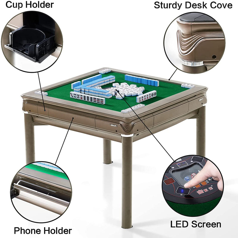 A champagne colored mahjong table & Functional features of four mahjong tables 