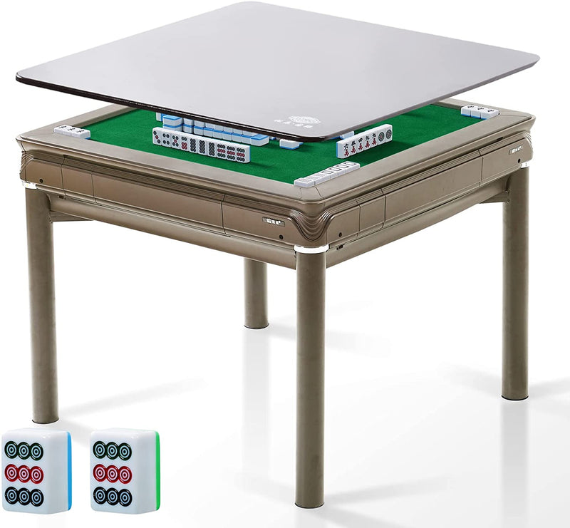 A champagne colored mahjong table can become a dining table with a cover plate